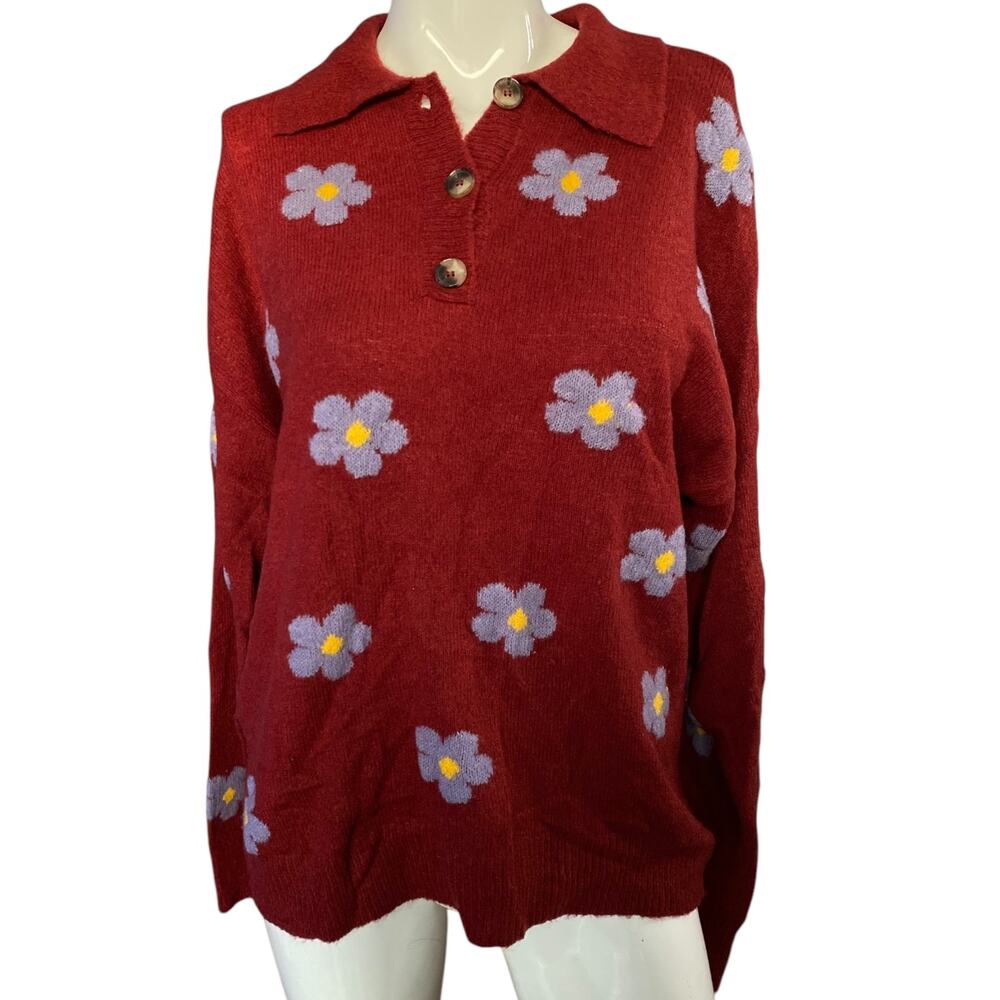 Forever 21 Red Knit Sweater With Purple Flowers Medium NWT